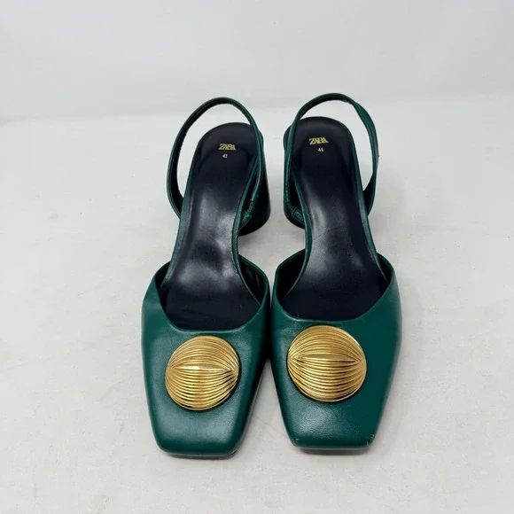 Zara Emerald Green Leather Slingback Block Heel Gold Shell Square Toe Pumps 41 - Picture 4 of 10
